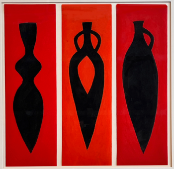 black long shapes on a red rectangular background