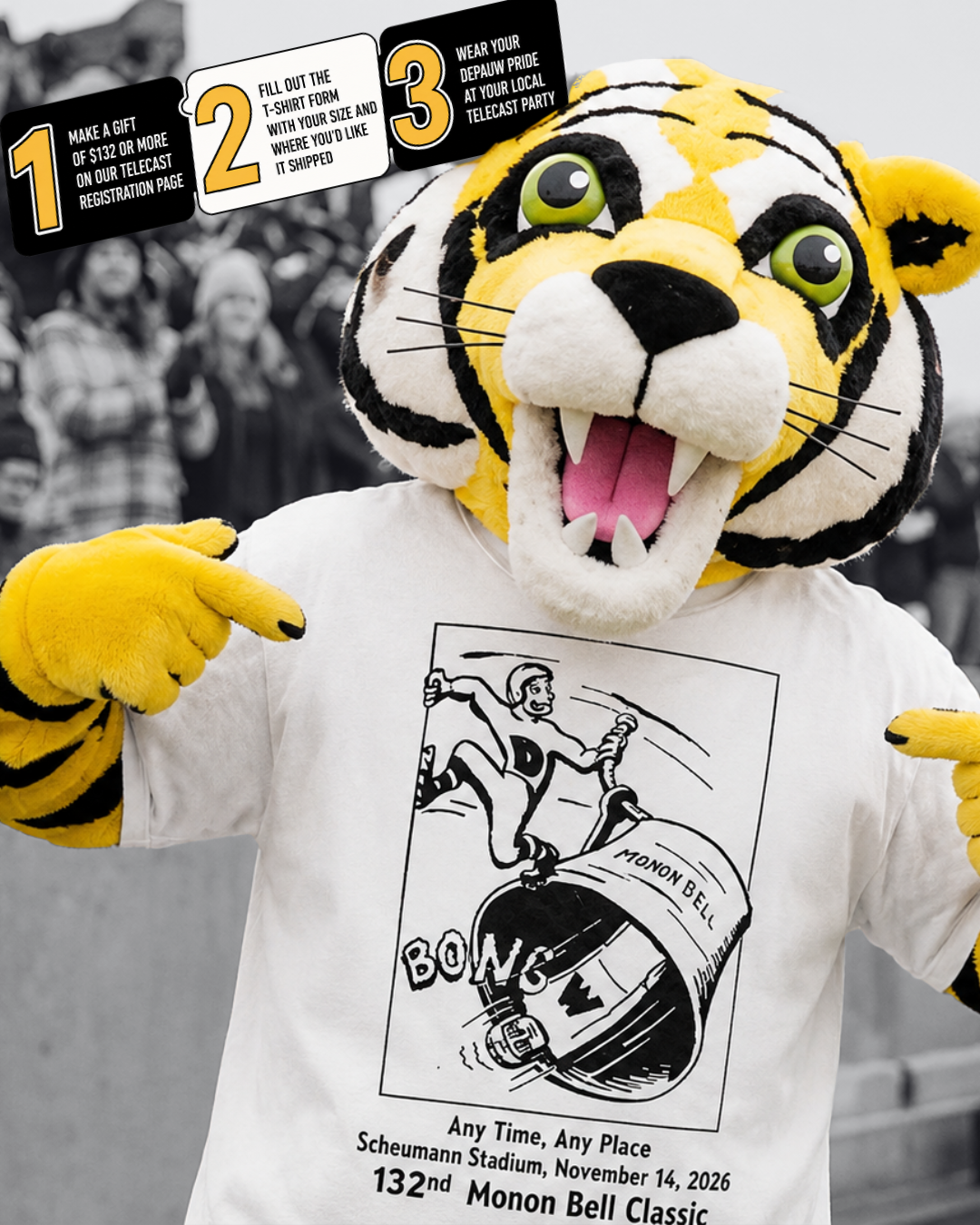 Tiger mascot wearing exclusive 2026 Monon Bell t-shirt
