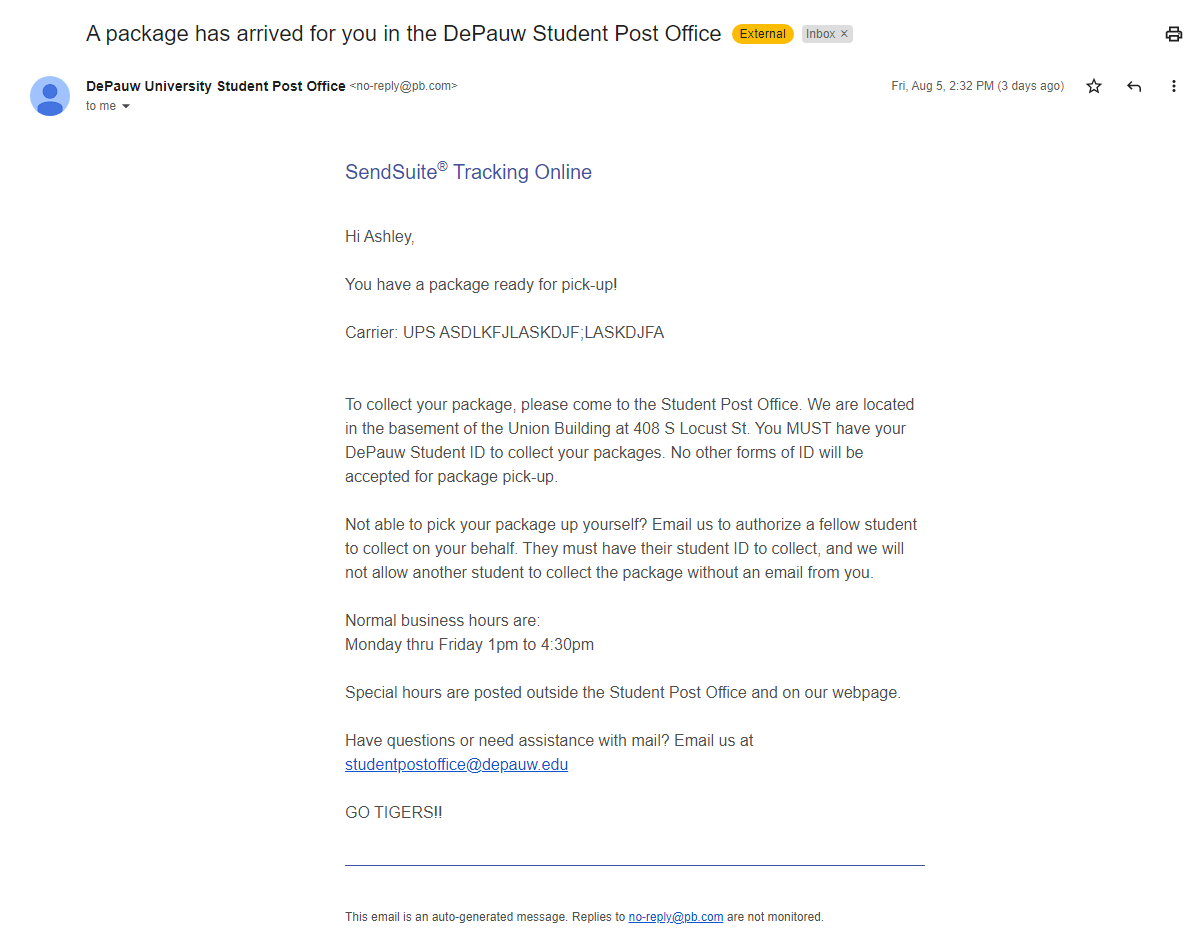 Screenshot example of 'Package Has Arrived' email