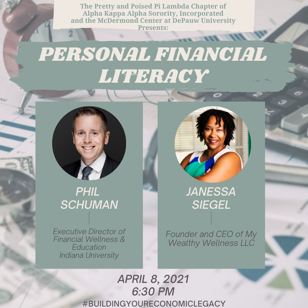 Flyer for Personal Financial Literacy presentation featuring Phil Schuman and Janessa Siegel
