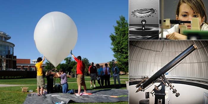 Compilation of physics photos including students experimenting with balloons, water, weights, and telescopes