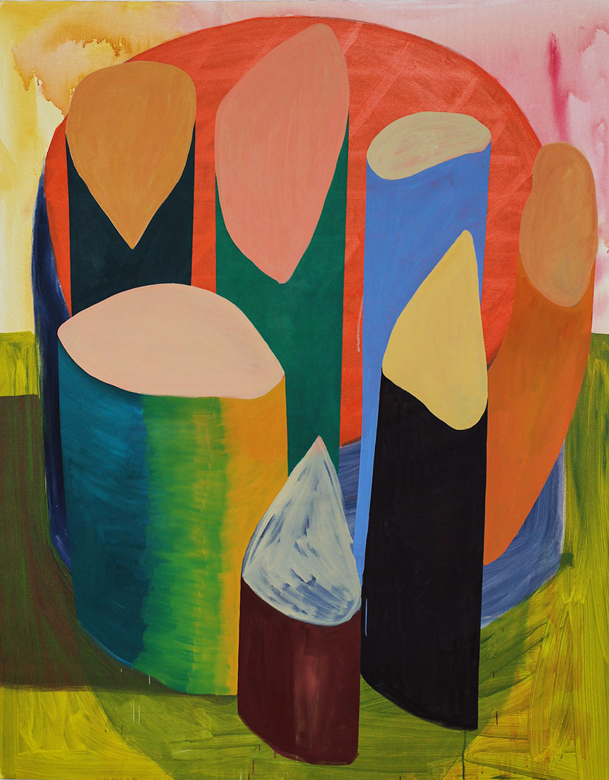 Pillar Party / 2013 Acrylic, latex paint, and watercolor on canvas 48'' x 60'' courtesy of the artist