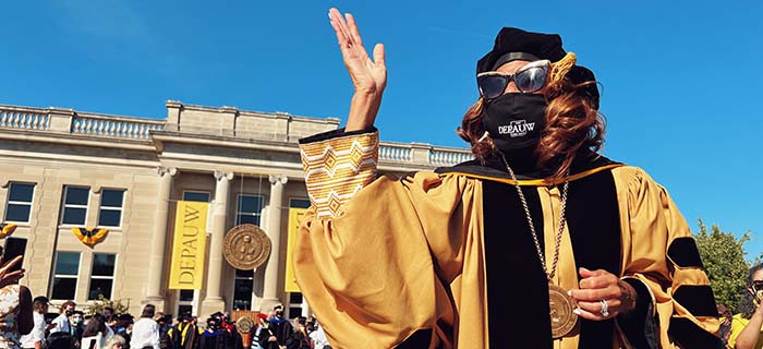 Dr. Lori S White in her regalia at her Inauguration