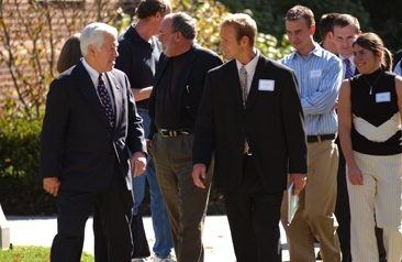 Richard Lugar walking with students