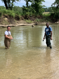 Students posing in a pond while conducting research