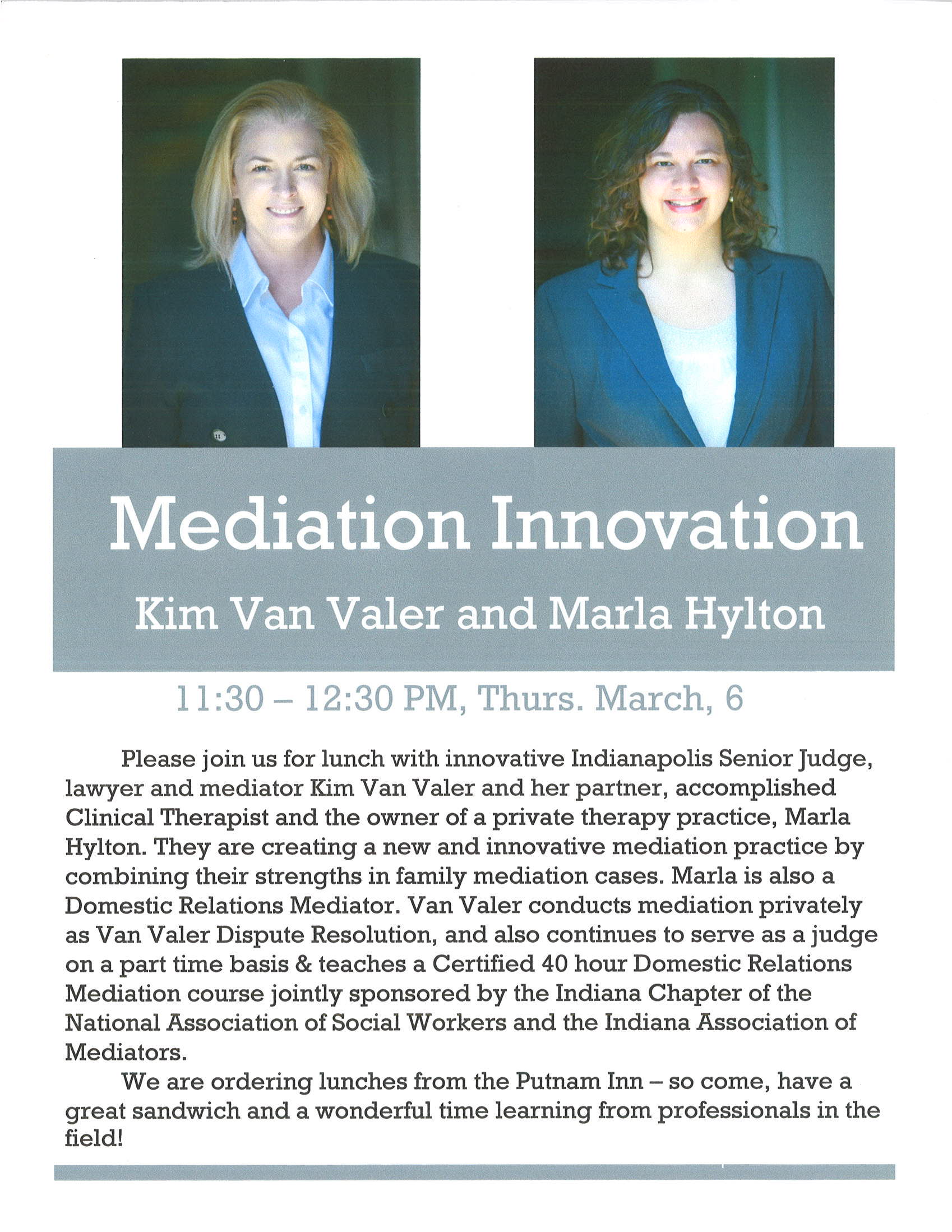Poster for Mediation Innovation with Kim Van Valer and marla Hylton