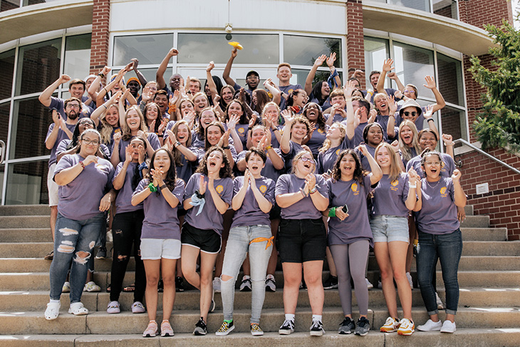 International Move-in Day student mentors on the GCPA stairs