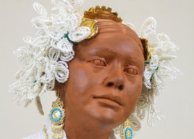The Women of Chitré | Las Mujeres de Chitré, 2026 Earthenware, gold luster, secondhand clothes, metal, dye print fabric, wood