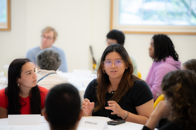 students chatting at the sanger leadership dialogue event