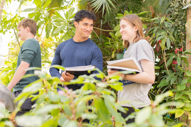 Three students talking in a lush greenhouse environment