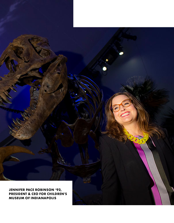 Jennifer Pace Robinson ‘92,  president & CEO for Children's Museum of Indianapolis shown at the museum with dinosaur fossil