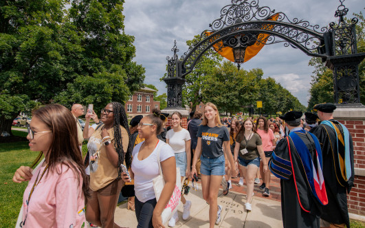 First-Year DePauw Tigers process through campus during opening day convocation.