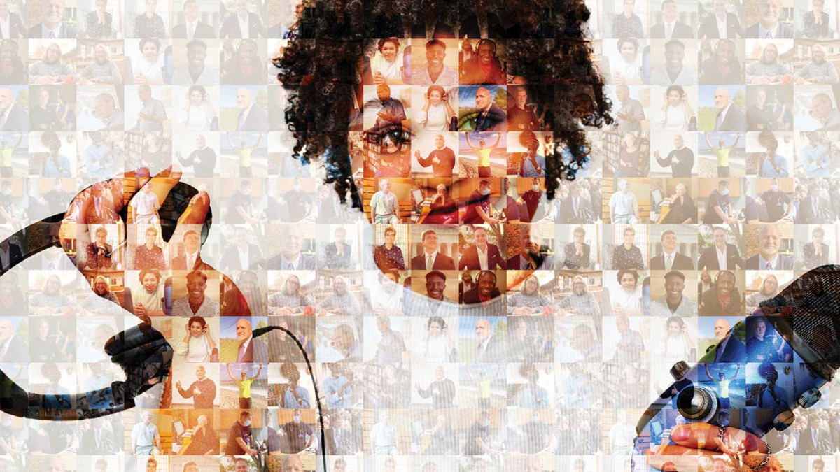 Mosaic of photos with Lauren Clark '11 holding a microphone and headphones overlaid 