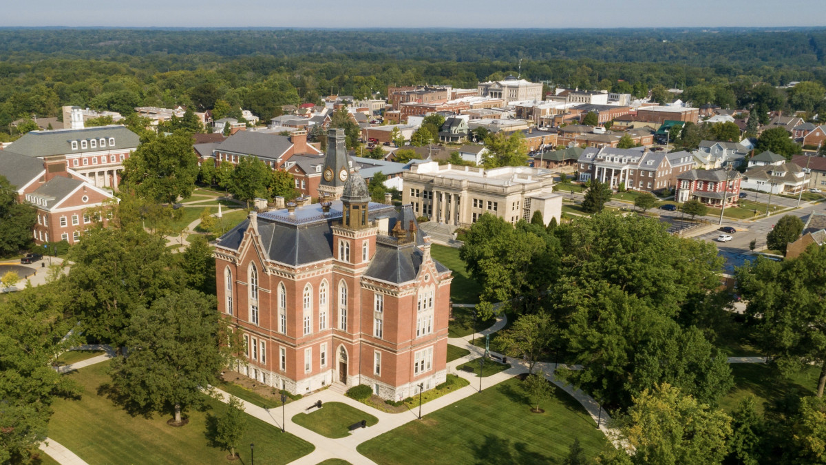 Drone shot of campus and the city of Greencastle 