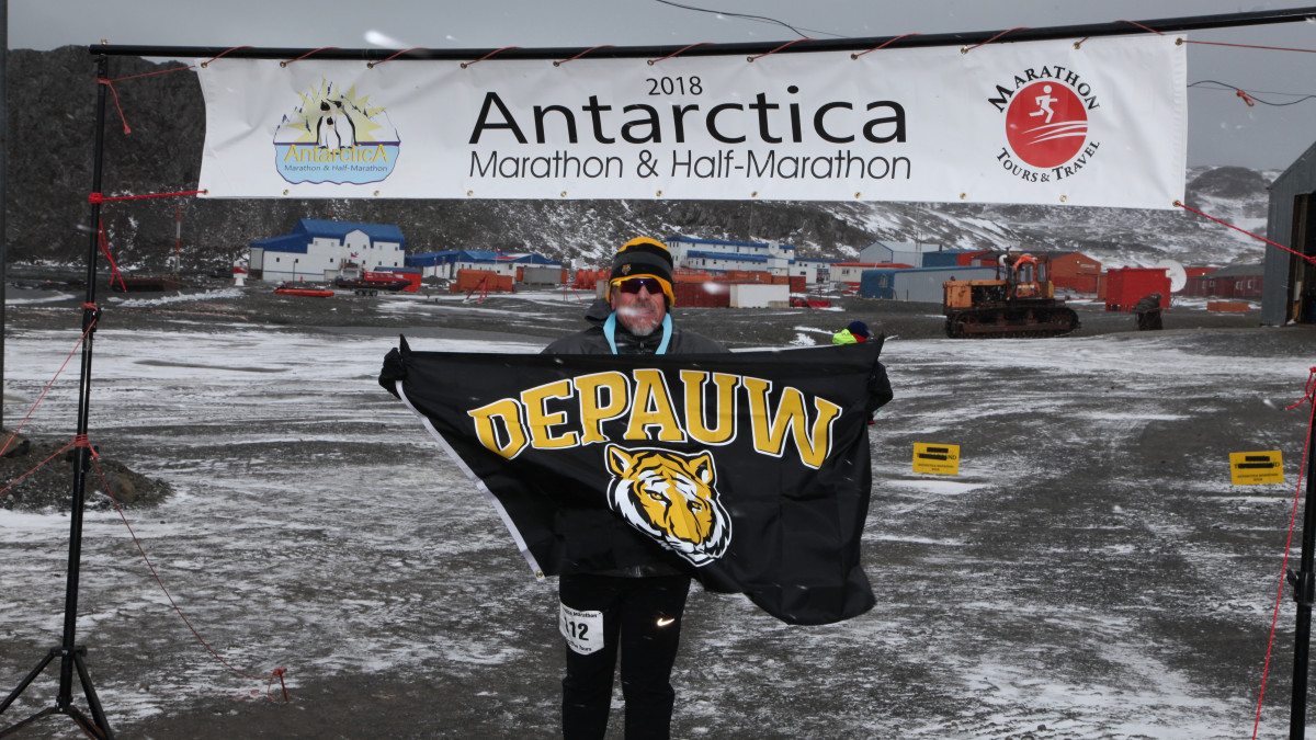 Luis Davila crosses the marathon finish line.