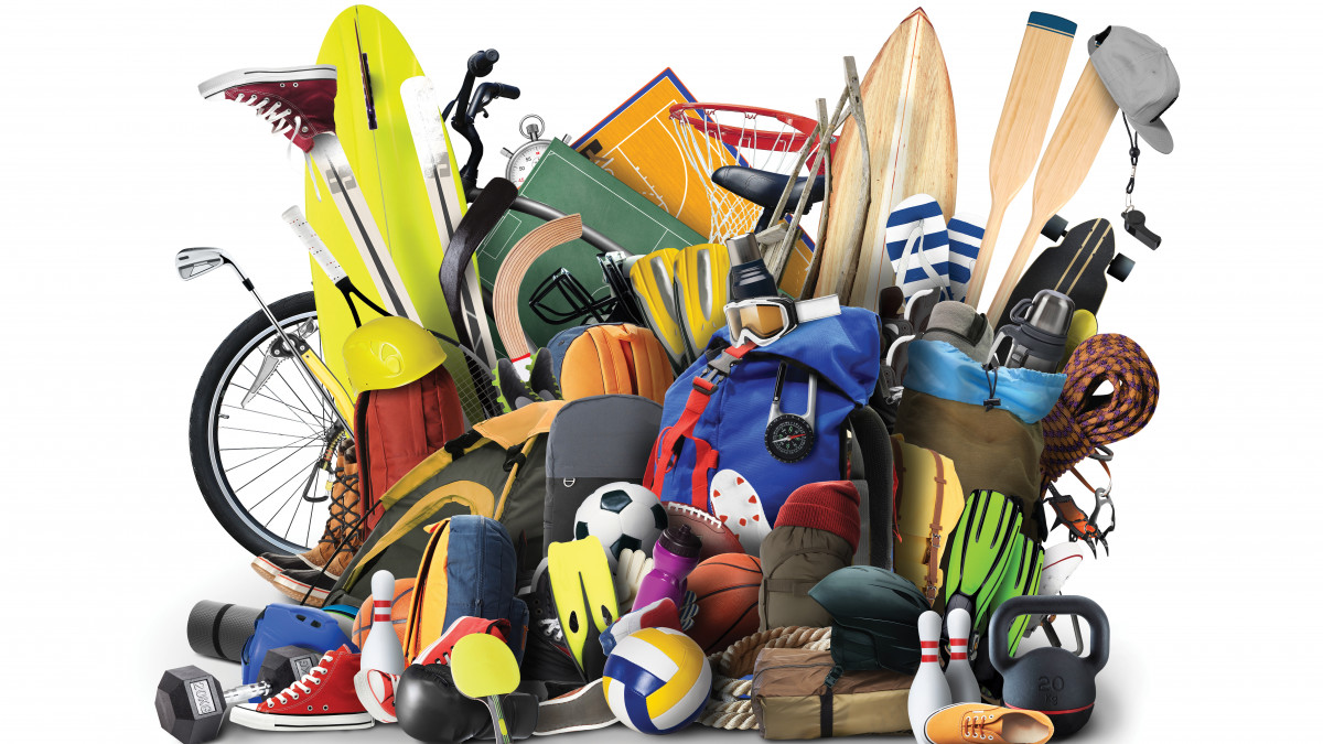 Misc sports equipment arranged in a group