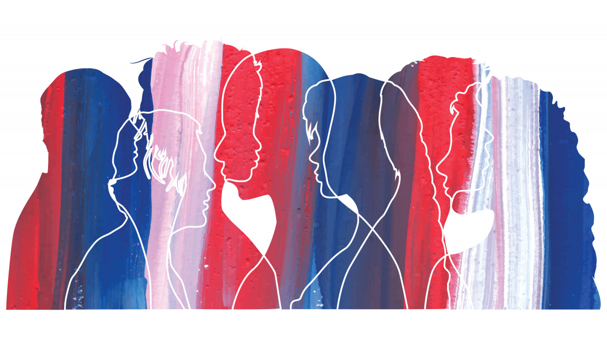 Red, white and blue graphic with line silhouettes of people