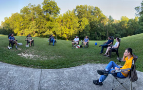 Geoscience group hanging out and telling stories while social distancing