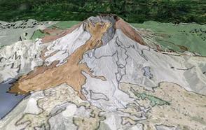 Mt. St. Helens volcano draped with a geologic map overlay from Google Earth