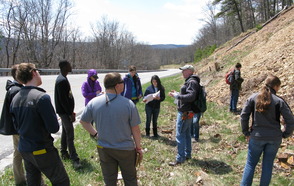Fred and students at an outcrop of the Rose Hill Formation near Franklin, WV.