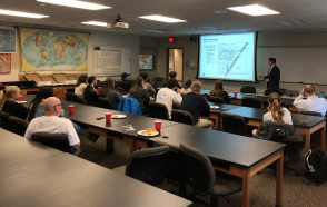 Andy Krein '11 speaking to Geoscience students about the environmental consulting industry.