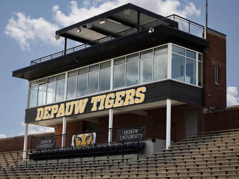 Exterior of the stadium press box with DePauw Tigers text