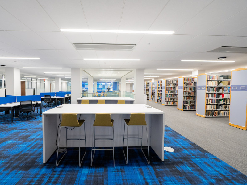 Open library space with blue carpet and study carrels