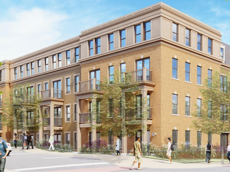 Rendering of apartment building on street corner with balconies