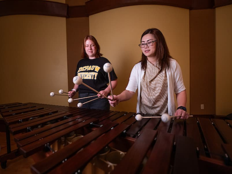 A professor and a student playing a marimba with mallets in a music practice room.