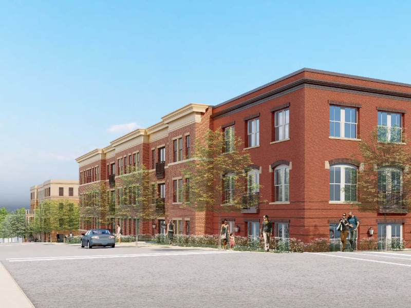 Rendering of new brick apartment buildings near the street