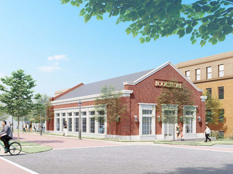 Rendering of red brick bookstore building with outdoor plaza