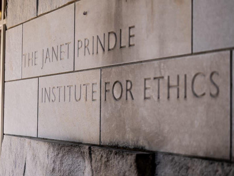 Close-up of the engraved sign for The Janet Prindle Institute for Ethics