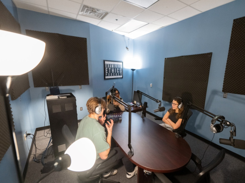 The Creative Center in the lower level of Pulliam includes a Podcast Studio (pictured here), an A/V tech classroom and a still-photography lighting studio.