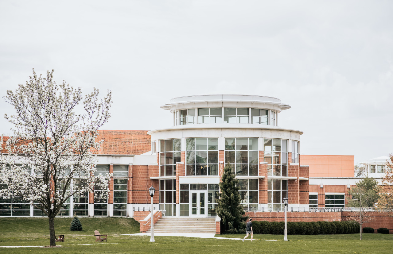 Exterior of the Judson and Joyce Green Center for the Performing Arts building in Spring.