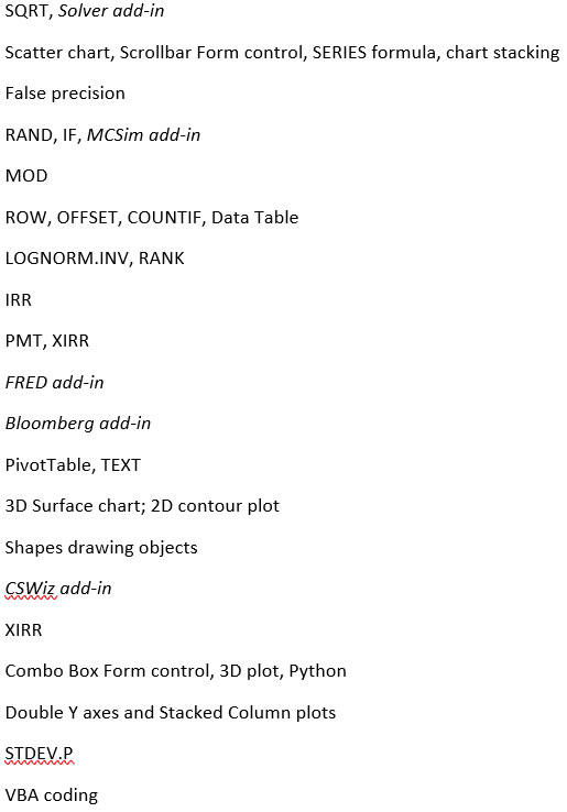 List of Excel functions used